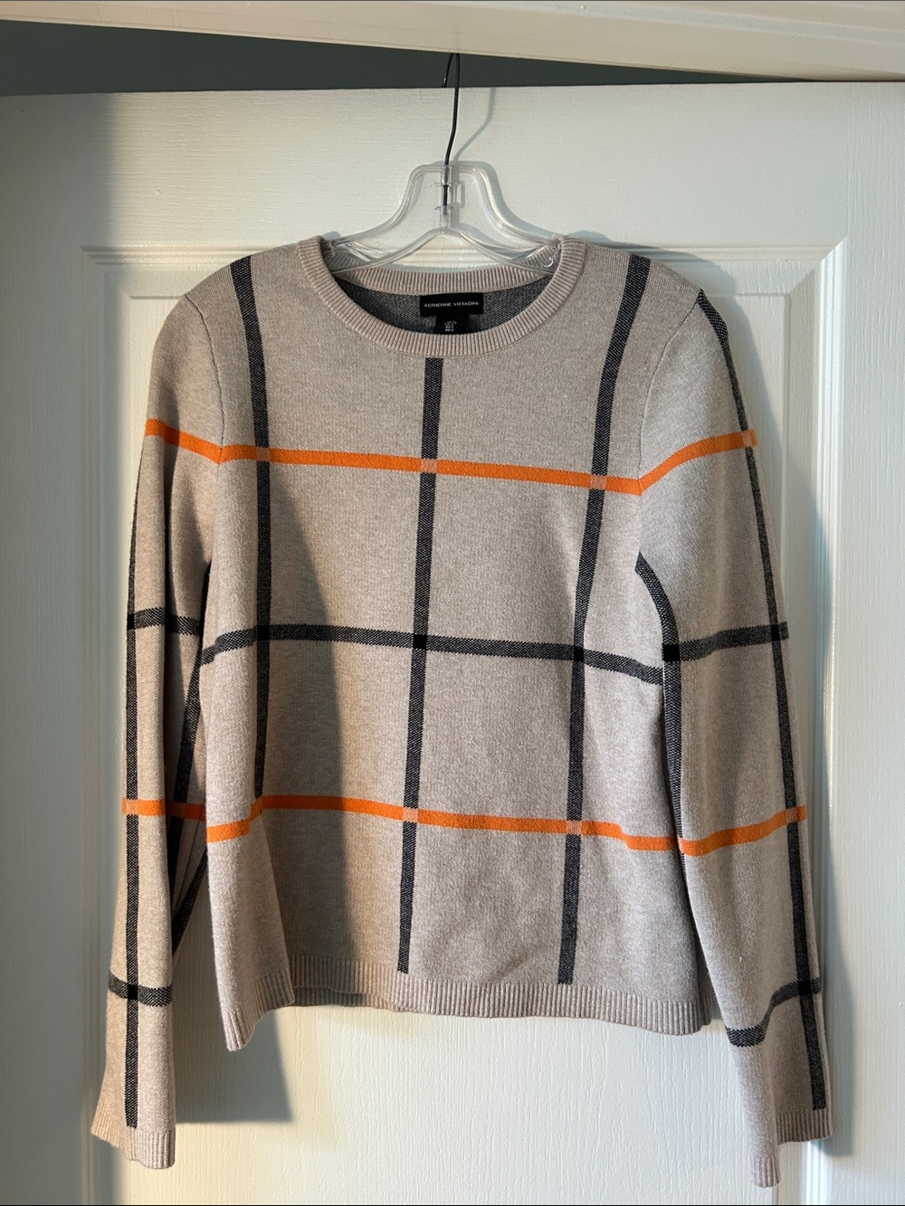 Adrienne Vittadini Beige Crewneck Sweater with Orange & Black Windowpane